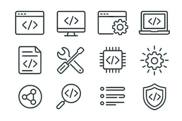 Programming and software development line icons set. Vector collection of minimal outline symbols for web, app, UI, UX design. Code, security, settings, and process concepts.