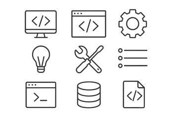 Minimalist programming and development icons set. Outline vector symbols for coding, software, app development, web design, database, settings, UI and UX graphic elements.