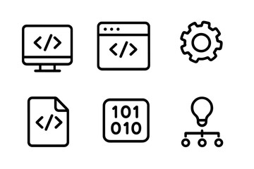 Minimalist programming icon set for developers. Clean line art vector icons for software engineering, web development, UI, and UX design. Includes code, binary, and algorithm symbols.
