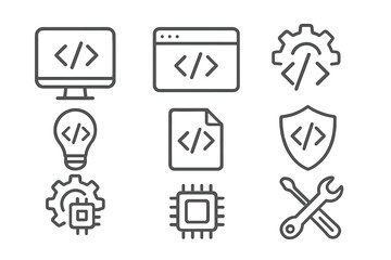 Programming line icon set for software developers and computer engineers. Vector illustration with code symbols for web development, UI, UX, security, API, and technology.