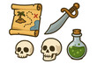 © Nanette - Pirate treasure map adventure icon set. Vector cartoon flat illustration of sword, skull, poison bottle. Concept of ocean journey, fantasy game elements, danger and corsair.