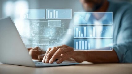 Programmers hands typing on laptop keyboard, generating holographic futuristic interface with graphs and data analysis, showcasing innovative technology in modern business environment