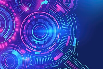 futuristic circular tech elements in purple and pink on blue digital background, vector illustration for technology banner or poster design