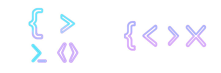 Vibrant neon gradient programming and coding symbols including curly braces, angle brackets, and mathematical operators for digital design