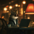 © MEO - Stylish cat with sunglasses sitting at laptop in cozy cafe