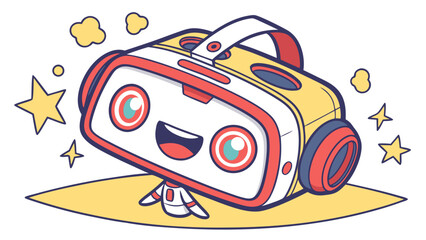 Cartoon VR Headset Character with Stars and Clouds on a Yellow Surface