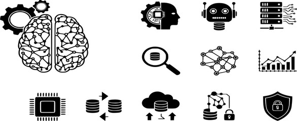 Machine learning icon and Artificial intelligence, binary icon set vector