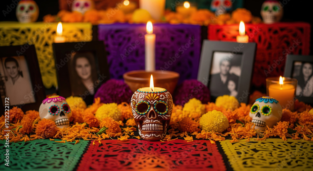 Foto Dia de los Muertos ofrenda with sugar skull candle and marigolds ...