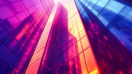 Abstract polygon building background. Futuristic unique contemporary glass wall architecture, 3d modern luxury exterior office building, geometric diamond shape design, city skyscraper landscape,