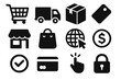 © Sonia - E-commerce icons set for online shopping. Web store symbols collection including delivery truck, shopping cart, credit card payment, secure checkout, and add to cart button.