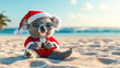 © Akash Tholiya - Cool koala santa claus on sunny beach resort, scenic ocean background. Australian summer christmas happy new year festive season greeting card, holiday maker creative wildlife animal 3d digital poster