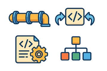 Technology workflow icons set, pipeline, code merge, software build gear, development process, vector cartoon illustration, transparent background, ordered digital tools