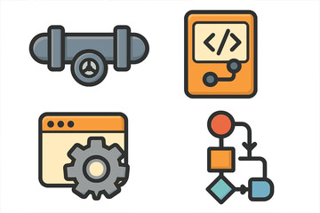 Technology workflow icons set including pipeline valve, code merge, build gear, and process flowchart, colorful vector cartoon illustration, transparent background, ordered design