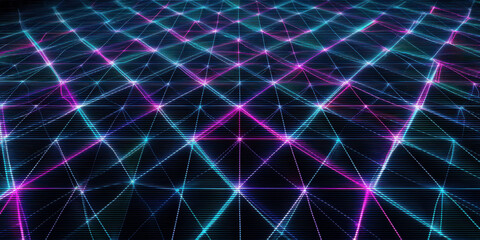 Neon glowing triangular tessellation grid with blue and purple lines creating futuristic digital network pattern