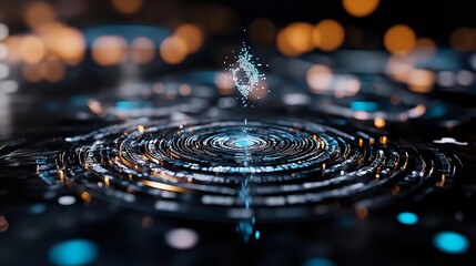 Water drop creating circular ripples on dark reflective surface with glowing blue highlights and bokeh background, captured in macro photography with shallow depth of field.