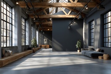 Wall Mural - Photograph of a bright, modern, open-concept office with industrial design elements and a prominent matte black wall for branding.