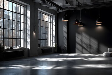 Wall Mural - Photograph of a bright, modern, open-concept office with industrial design elements and a prominent matte black wall for branding.