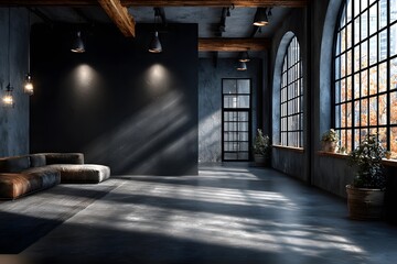 Wall Mural - Photograph of a bright, modern, open-concept office with industrial design elements and a prominent matte black wall for branding.