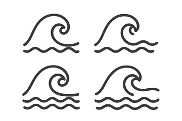 Wave line icon set. Simple sea and ocean water symbols. Vector graphic illustration for surfing, tide, flow, and weather concepts. Minimalist nature design elements.