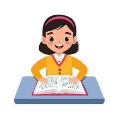Young Visually Impaired Student Happily Learning and Reading a Braille Book in the Classroom
