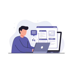 Vector art of man working on laptop with website interface on screen, digital communication concept