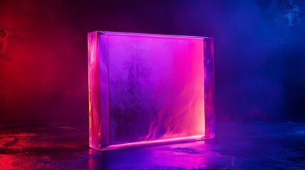 Sticker - An illuminated glass block surrounded by vibrant smoke. The colors shift from blue to pink. Perfect for modern design or artistic concepts. Generative AI.