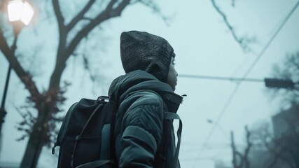 Wall Mural - A person carrying a backpack stands in the rain, waiting for an opportunity to move forward