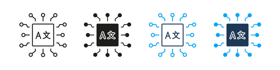AI Language Translation And Processing Technology Line And Solid Icon Set. Language Processor Chip Symbol Collection. Digital Communication And Machine Learning. Isolated Vector Illustration