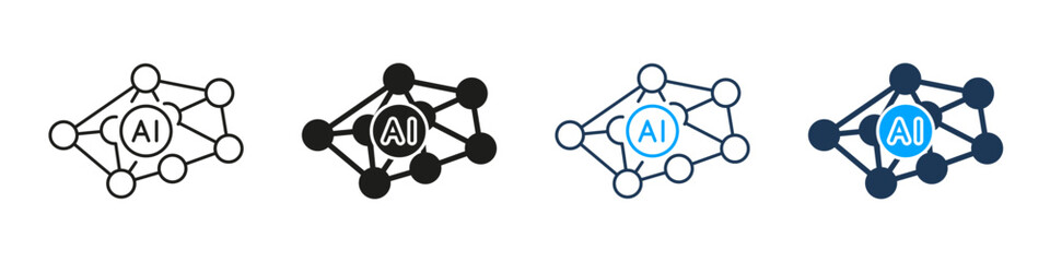 Artificial Intelligence Neural Network AI Concept Line and Solid Icon Set. Machine Learning Digital Connection Cognitive Computing Symbol Collection. Isolated Vector Illustration