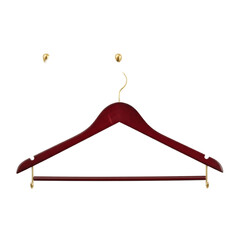 Dark red wooden clothes hanger with gold hook on transparent background