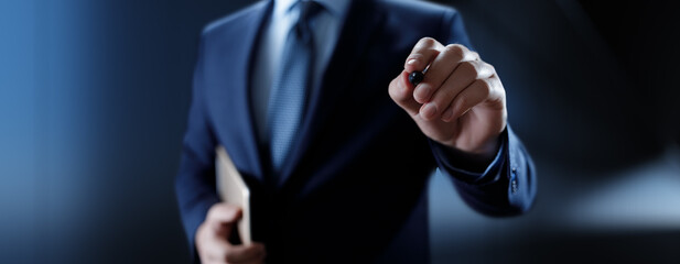 Businessman pressing button on virtual screen, Innovation and Digital Touch Interaction on Futuristic Technology Interface.
