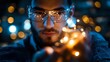 © Yuliia - Young bearded man in protective glasses illuminated by glowing bokeh lights at night creating magical atmospheric portrait with blue tones and warm highlights.