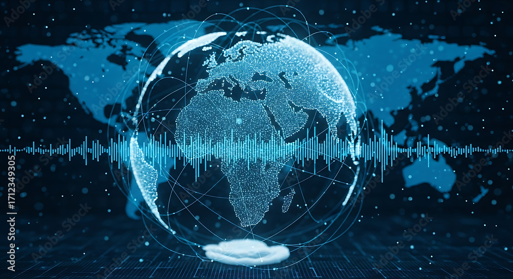 Digital earth globe with sound wave and network connections over a ...