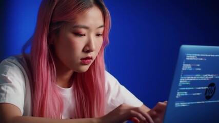 Woman coding laptop blue background night