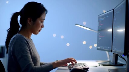 Woman coding late at night, office bokeh