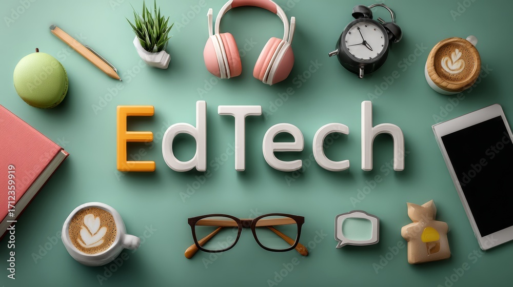 EdTech concept with various digital learning tools and a green backdrop ...