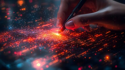 Wall Mural - a hand holds a glowing pen interacting with a futuristic digital surface filled with vibrant light p