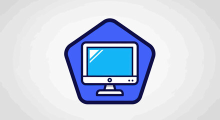 Computer Monitor Icon in Blue Pentagon Shape Technology Symbol.