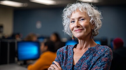 Older woman posing in office setting.