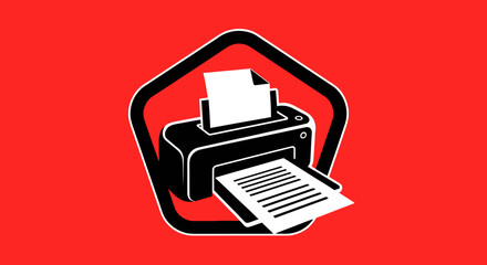 Printer Icon with Paper Output on Red Background.