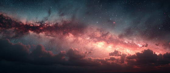 Wall Mural - A stunning cosmic scene featuring a vibrant galaxy illuminated by stars and surrounded by dramatic clouds, evoking a sense of wonder and vastness.