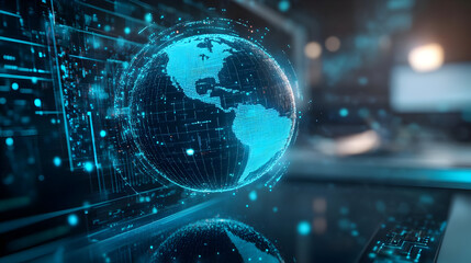 A futuristic digital world map showcasing interconnected data and technology in a modern setting.