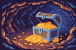 © Salim - Treasure chest overflowing with gold coins in a mystical cave environment vector