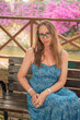 Woman sits on the bench in Alanya city, Turkey. Travelling or vacation concept