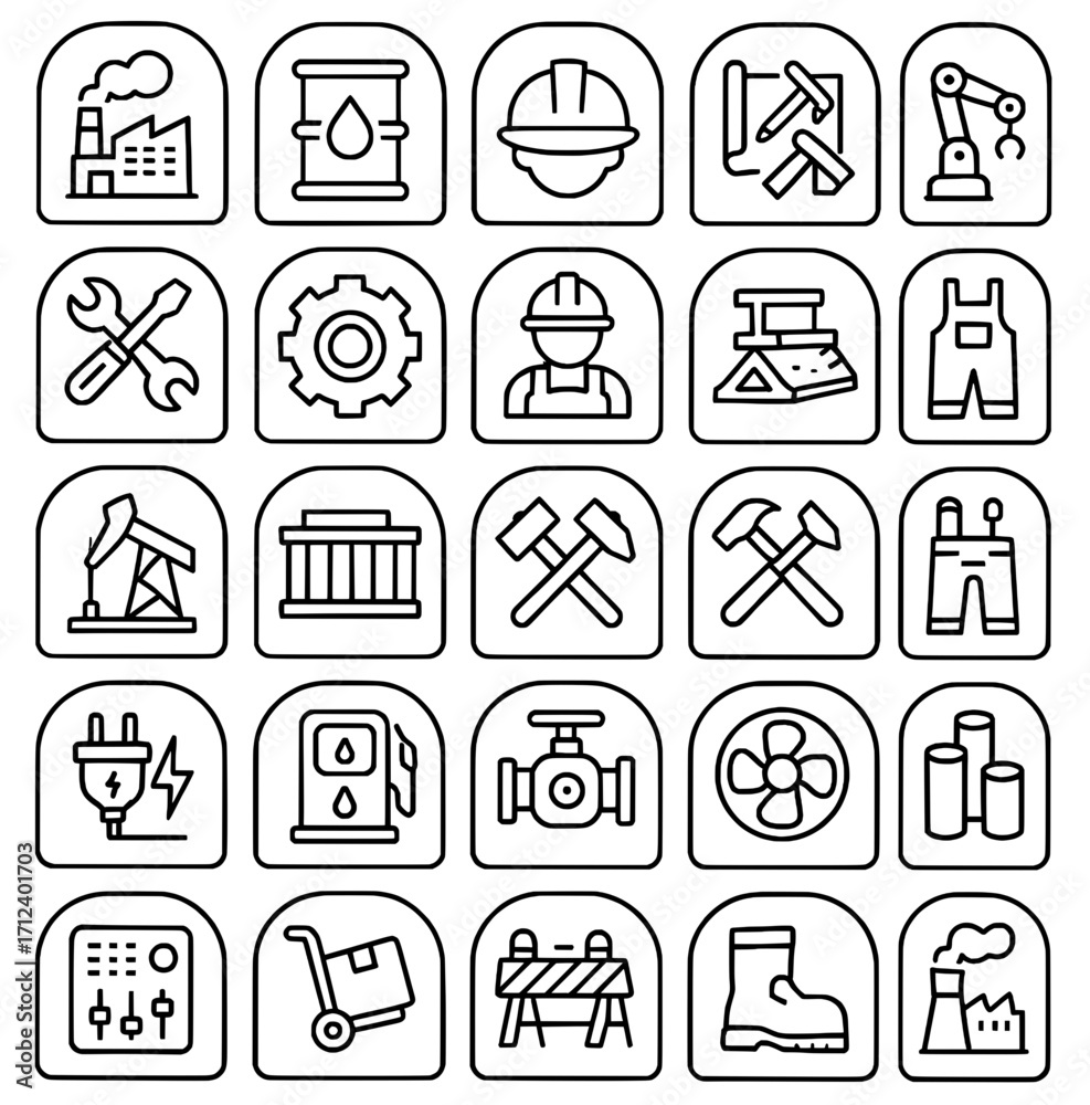 Icon pack, icon sheet, industrial theme, outline version, vector SVG ...