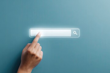 Digital search bar interface with finger pressing on the screen.
