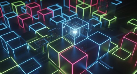 Abstract neon cubes geometric design ui ux modern digital art futuristic glowing shapes network data visualization background isolated on white background