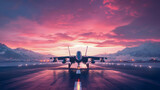 Powerful military fighter jet poised on snowy runway at dusk, with majestic snow-capped mountains and glowing city under breathtaking pink and purple sunset sky