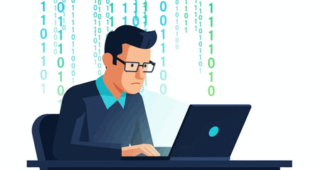 Coding Specialist Working On Computer With Binary Code Vector Illustration Solution