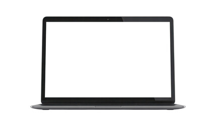 Modern sleek silver laptop computer with a blank black screen isolated on transparent background